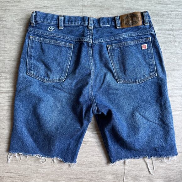 Red Kap Jean Shorts JORTS Cut Off Denim Mens 31 Toyota Logo Workwear Car Fan - Picture 1 of 9